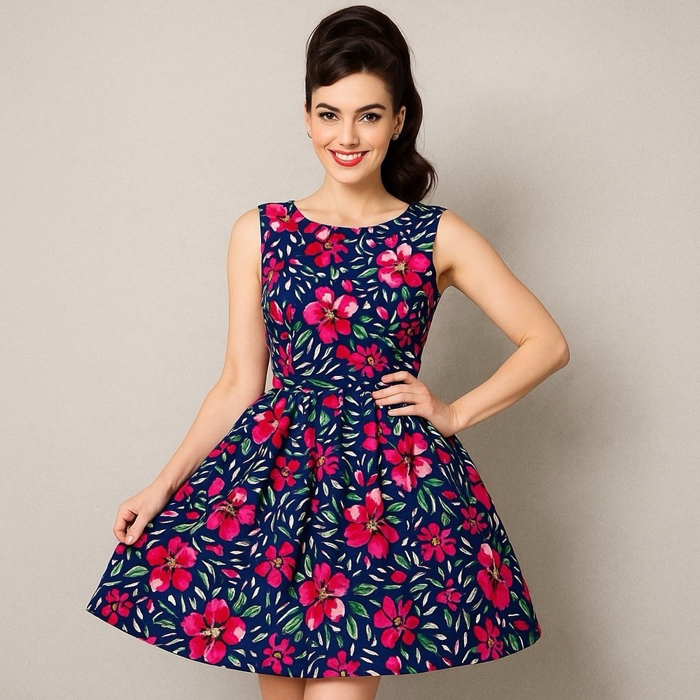 80s Vintage Floral Pin Up Rockabilly Party Dress Women's 10 Navy Pink Full Skirt
